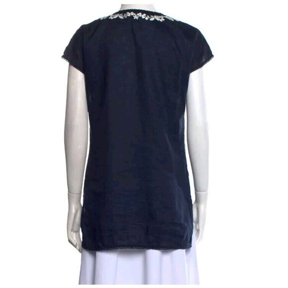 Tory Burch Tunic Top Size Small Linen Embroidered V Neck Navy Blue White Boho - Picture 3 of 3